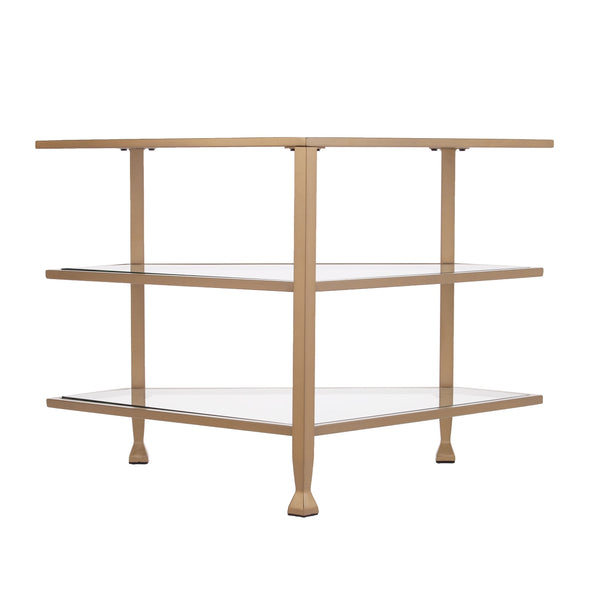 Safavieh Jaymes Three Tier Corner Tv Stand With Tempered Glass Shelves And Iron Frame In Gold MS5724