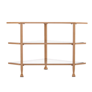 Safavieh Jaymes Three Tier Corner Tv Stand With Tempered Glass Shelves And Iron Frame In Gold MS5724