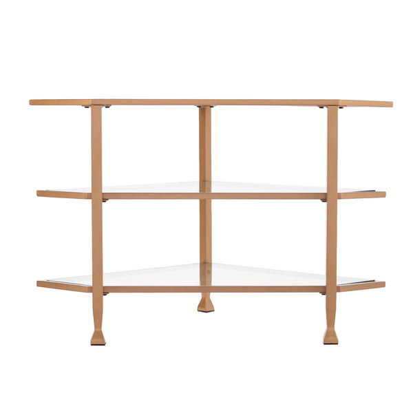 Safavieh Jaymes Three Tier Corner Tv Stand With Tempered Glass Shelves And Iron Frame In Gold MS5724