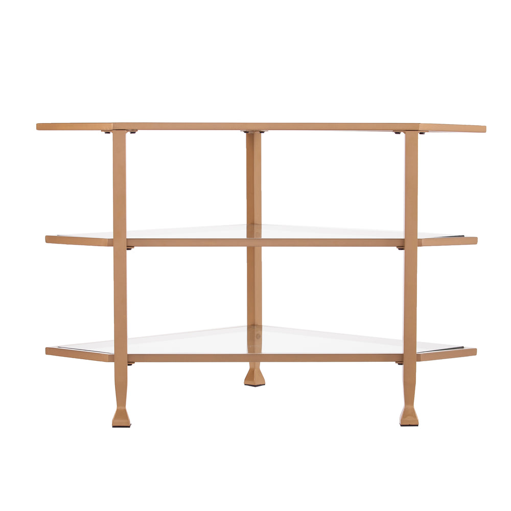 Safavieh Jaymes Three Tier Corner Tv Stand With Tempered Glass Shelves And Iron Frame In Gold MS5724