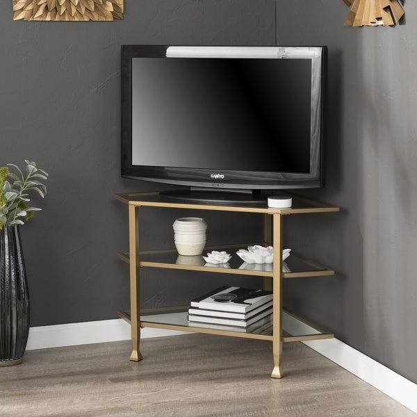 Safavieh Jaymes Three Tier Corner Tv Stand With Tempered Glass Shelves And Iron Frame In Gold MS5724
