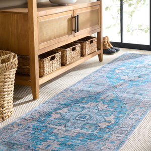 Safavieh Martha Stewart Washable Runner Rug – Chic, Durable, And Slip-resistant Area Rug For Any Space Grey ,Turquoise Polyester Pile Msrw113b-28