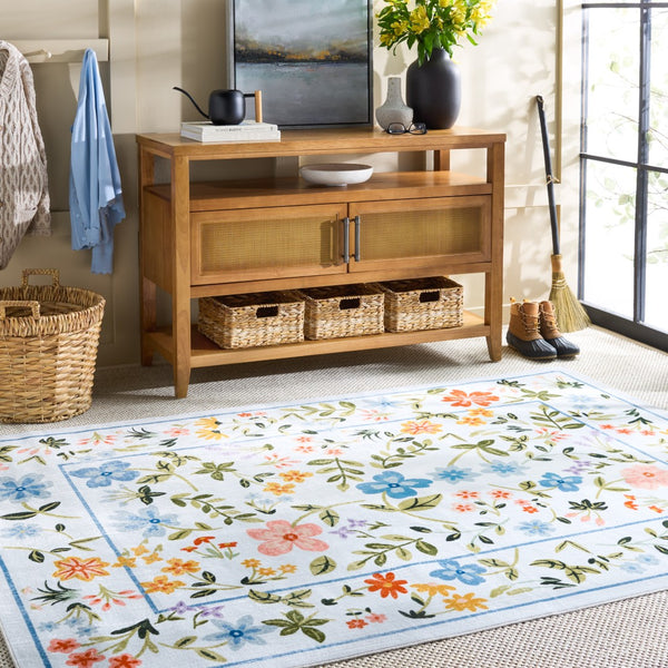 Safavieh Martha Stewart Washable Floral Area Rug - Stylish Comfort For Your Home With Easy Maintenance & Elegance Light Blue ,Rust Polyester Pile Msrw190k-9