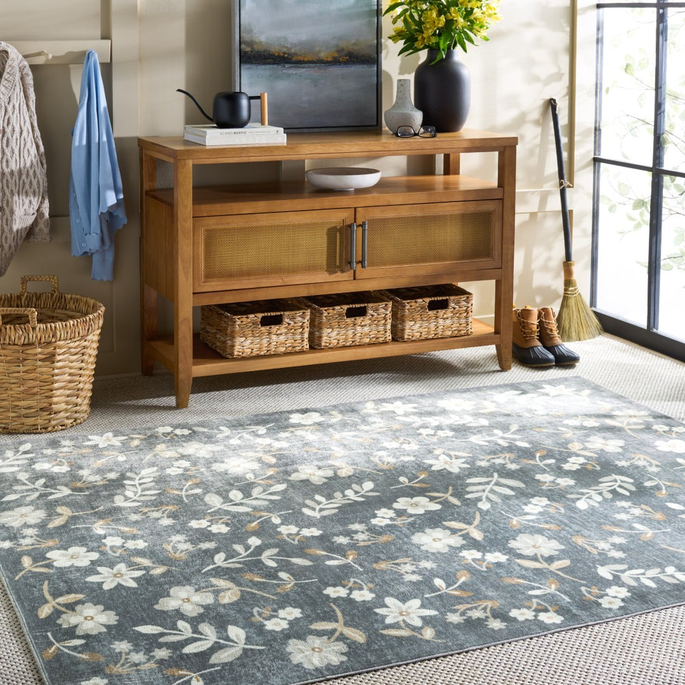 Safavieh Martha Stewart Washable Floral Area Rug - Elegant Design For Effortless Home Décor Upgrade Dark Grey ,Beige Polyester Pile Msrw197g-5