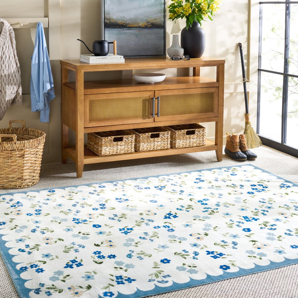 Safavieh Martha Stewart Elegant Washable Floral Area Rug - Versatile And Durable Design For Modern Homes Ivory ,Light Blue Polyester Pile Msrw198a-5