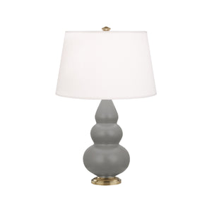 Robert Abbey Matte Smokey Taupe Small Triple Gourd Accent Lamp Matte Smoky Taupe Glazed Ceramic with Antique Natural Brass Finished Accents Pearl Dupioni Fabric Shade