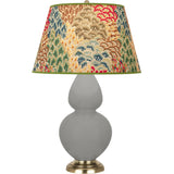 Robert Abbey Matte Smokey Taupe Double Gourd Table Lamp Matte Smokey Taupe Glazed Ceramic with Antique Natural Brass Finished Accents Fall Floral Fabric Shade