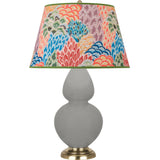 Robert Abbey Matte Smokey Taupe Double Gourd Table Lamp Matte Smokey Taupe Glazed Ceramic with Antique Natural Brass Finished Accents Spring Floral Fabric Shade