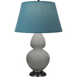 Robert Abbey Matte Smokey Taupe Double Gourd Table Lamp Matte Smokey Taupe Glazed Ceramic with Deep Patina Bronze Finished Accents Bright Blue W/ Gray Lining Fabric Shade