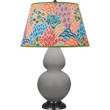 Robert Abbey Matte Smokey Taupe Double Gourd Table Lamp Matte Smokey Taupe Glazed Ceramic with Deep Patina Bronze Finished Accents Spring Floral Fabric Shade