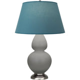 Robert Abbey Matte Smokey Taupe Double Gourd Table Lamp Matte Smokey Taupe Glazed Ceramic with Antique Silver Finished Accents Bright Blue W/ Gray Lining Fabric Shade