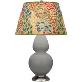 Robert Abbey Matte Smokey Taupe Double Gourd Table Lamp Matte Smokey Taupe Glazed Ceramic with Antique Silver Finished Accents Fall Floral Fabric Shade