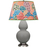 Robert Abbey Matte Smokey Taupe Double Gourd Table Lamp Matte Smokey Taupe Glazed Ceramic with Antique Silver Finished Accents Spring Floral Fabric Shade