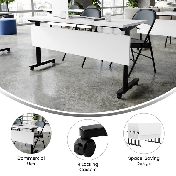 English Elm Palmer Heavy-Duty 60" Nesting Flip Training Table with Cable Management for Versatile Workspace Solutions White Top/Black Frame 23.5" W x 60"L MT-M6024-T-LEG-WHTBLK-GG