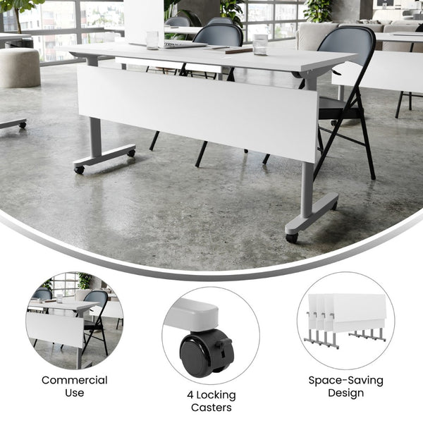 English Elm Palmer Heavy-Duty 60" Nesting Flip Training Table with Cable Management for Versatile Workspace Solutions White Top/Gray Frame 23.5" W x 60"L MT-M6024-T-LEG-WHTGRY-GG