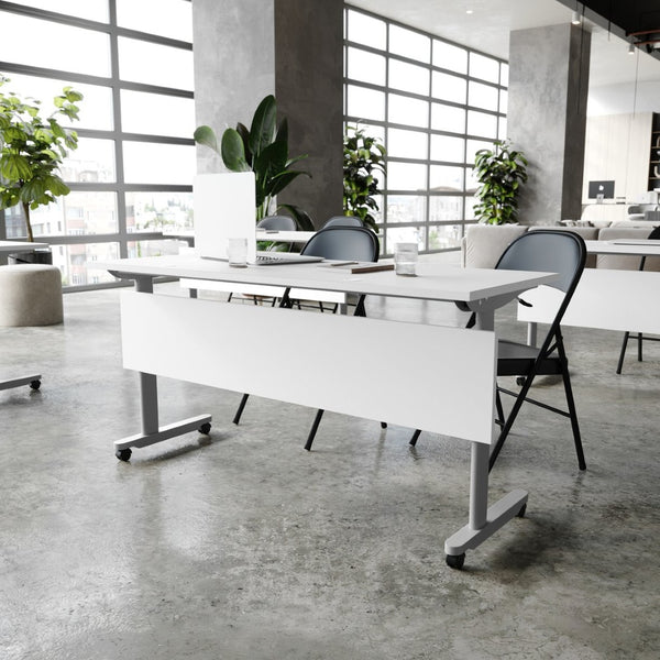 English Elm Palmer Heavy-Duty 60" Nesting Flip Training Table with Cable Management for Versatile Workspace Solutions White Top/Gray Frame 23.5" W x 60"L MT-M6024-T-LEG-WHTGRY-GG