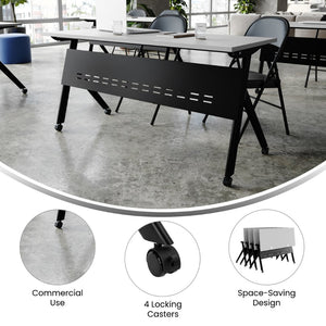 English Elm Davis Heavy-Duty Flip Training Table with Nesting Design, Cable Management & Modesty Panel for Versatility Gray Top/Black Frame 23.5" W x 60"L MT-M6024-Y-LEG-GRYBLK-GG