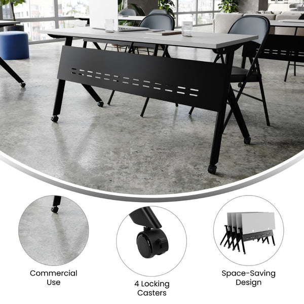 English Elm Davis Heavy-Duty Flip Training Table with Nesting Design, Cable Management & Modesty Panel for Versatility Gray Top/Black Frame 23.5" W x 60"L MT-M6024-Y-LEG-GRYBLK-GG