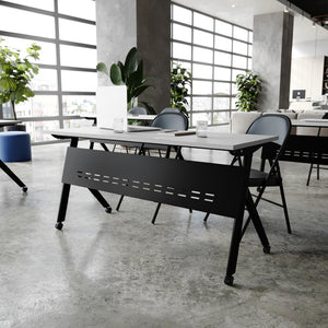 English Elm Davis Heavy-Duty Flip Training Table with Nesting Design, Cable Management & Modesty Panel for Versatility Gray Top/Black Frame 23.5" W x 60"L MT-M6024-Y-LEG-GRYBLK-GG