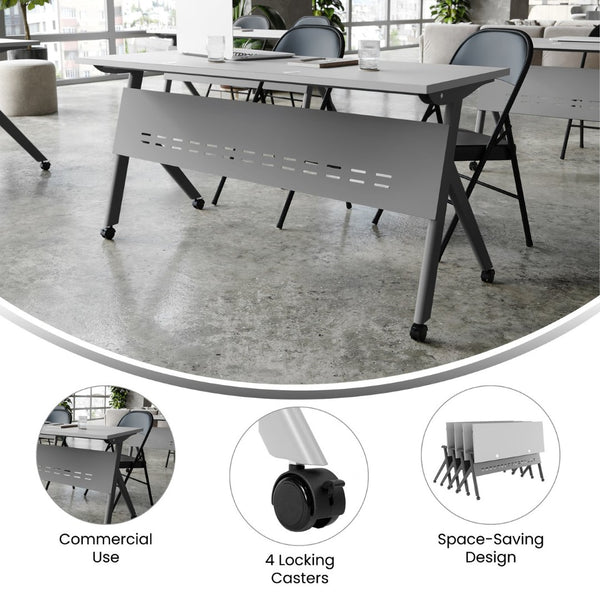 English Elm Davis Heavy-Duty Flip Training Table with Nesting Design, Cable Management & Modesty Panel for Versatility Gray Top/Gray Frame 23.5" W x 60"L MT-M6024-Y-LEG-GRYGRY-GG