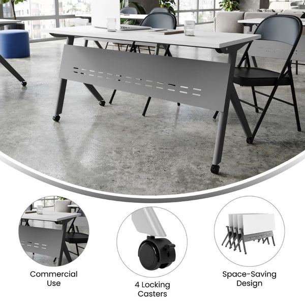 English Elm Davis Heavy-Duty Flip Training Table with Nesting Design, Cable Management & Modesty Panel for Versatility White Top/Gray Frame 23.5" W x 60"L MT-M6024-Y-LEG-WHTGRY-GG