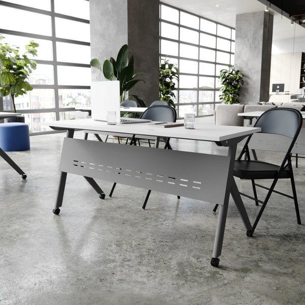 English Elm Davis Heavy-Duty Flip Training Table with Nesting Design, Cable Management & Modesty Panel for Versatility White Top/Gray Frame 23.5" W x 60"L MT-M6024-Y-LEG-WHTGRY-GG