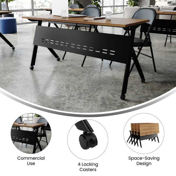 English Elm Davis Heavy-Duty Flip Training Table with Nesting Design, Cable Management & Modesty Panel for Versatility Walnut Top/Black Frame 23.5" W x 60"L MT-M6024-Y-LEG-WLNBLK-GG