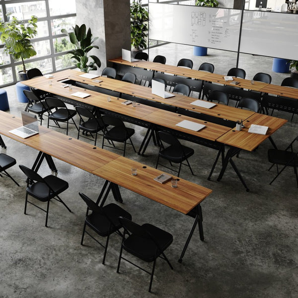 English Elm Davis Heavy-Duty Flip Training Table with Nesting Design, Cable Management & Modesty Panel for Versatility Walnut Top/Black Frame 23.5" W x 60"L MT-M6024-Y-LEG-WLNBLK-GG