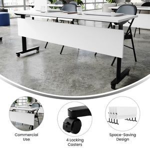 English Elm Palmer Heavy-Duty Nesting Flip Training Table with T-Legs, Cable Management, and Smooth Mobility White Top/Black Frame 23.5" W x 72"L MT-M7224-T-LEG-WHTBLK-GG
