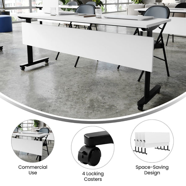 English Elm Palmer Heavy-Duty Nesting Flip Training Table with T-Legs, Cable Management, and Smooth Mobility White Top/Black Frame 23.5" W x 72"L MT-M7224-T-LEG-WHTBLK-GG