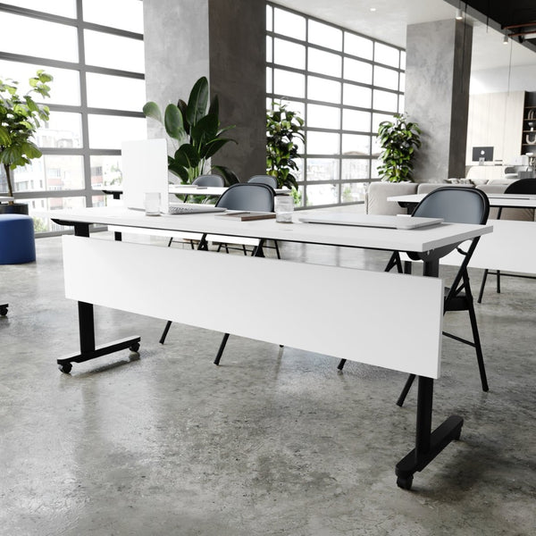 English Elm Palmer Heavy-Duty Nesting Flip Training Table with T-Legs, Cable Management, and Smooth Mobility White Top/Black Frame 23.5" W x 72"L MT-M7224-T-LEG-WHTBLK-GG