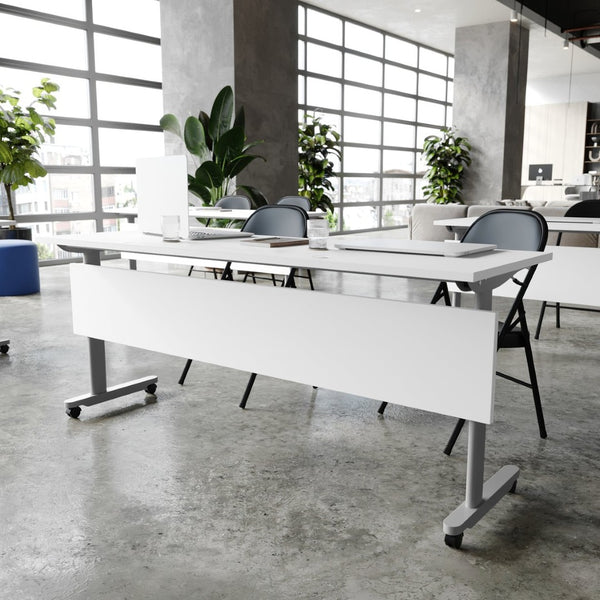 English Elm Palmer Heavy-Duty Nesting Flip Training Table with T-Legs, Cable Management, and Smooth Mobility White Top/Gray Frame 23.5" W x 72"L MT-M7224-T-LEG-WHTGRY-GG