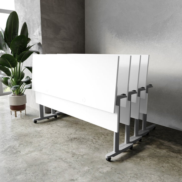 English Elm Palmer Heavy-Duty Nesting Flip Training Table with T-Legs, Cable Management, and Smooth Mobility White Top/Gray Frame 23.5" W x 72"L MT-M7224-T-LEG-WHTGRY-GG