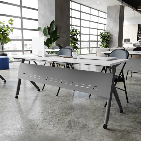 English Elm Davis Commercial-Grade Heavy-Duty Flip Training Table with Locking Casters for Space-Saving Solutions White Top/Gray Frame 23.5" W x 72"L MT-M7224-Y-LEG-WHTGRY-GG