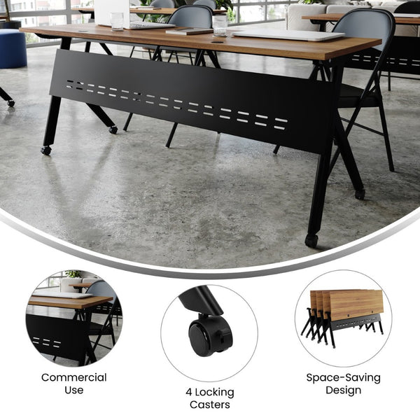 English Elm Davis Commercial-Grade Heavy-Duty Flip Training Table with Locking Casters for Space-Saving Solutions Walnut Top/Black Frame 23.5" W x 72"L MT-M7224-Y-LEG-WLNBLK-GG