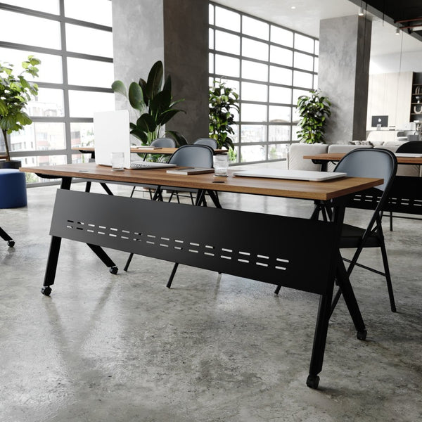 English Elm Davis Commercial-Grade Heavy-Duty Flip Training Table with Locking Casters for Space-Saving Solutions Walnut Top/Black Frame 23.5" W x 72"L MT-M7224-Y-LEG-WLNBLK-GG