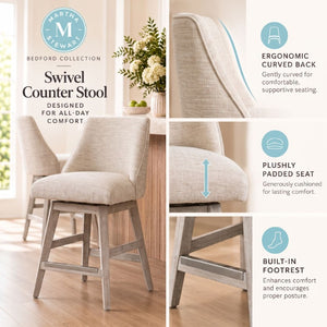 JLA Home Winfield Swivel Counter Stool Upholstered Farmhouse Seat with Distressed Wood Base Cream MT104-0185