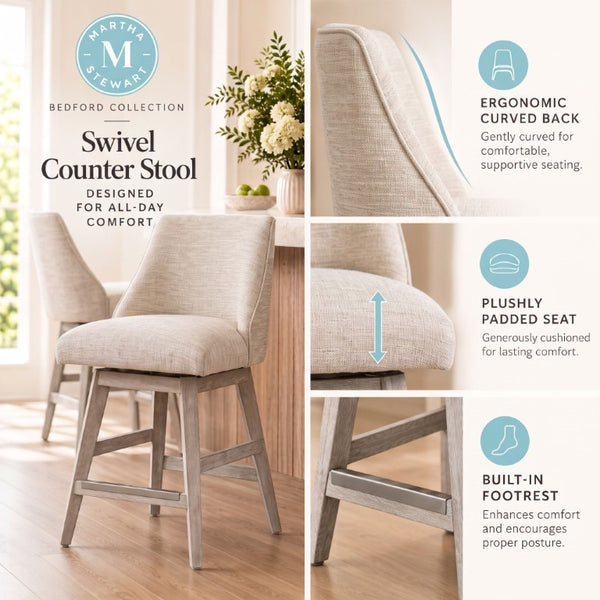 JLA Home Winfield Swivel Counter Stool Upholstered Farmhouse Seat with Distressed Wood Base Cream MT104-0185