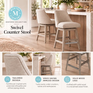 JLA Home Winfield Swivel Counter Stool Upholstered Farmhouse Seat with Distressed Wood Base Cream MT104-0185