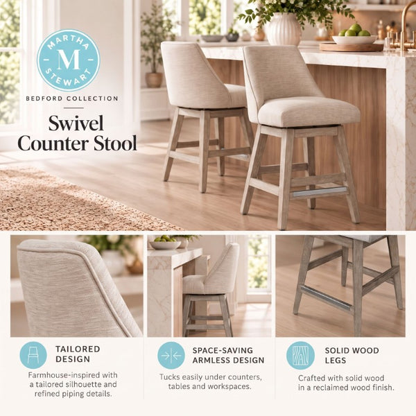 JLA Home Winfield Swivel Counter Stool Upholstered Farmhouse Seat with Distressed Wood Base Cream MT104-0185