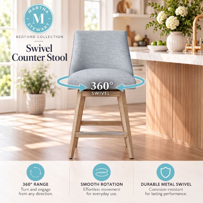 JLA Home Winfield Swivel Counter Stool Upholstered Farmhouse Seat with Distressed Wood Base Light Blue MT104-0203