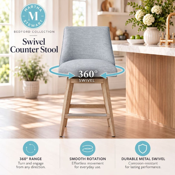 JLA Home Winfield Swivel Counter Stool Upholstered Farmhouse Seat with Distressed Wood Base Light Blue MT104-0203