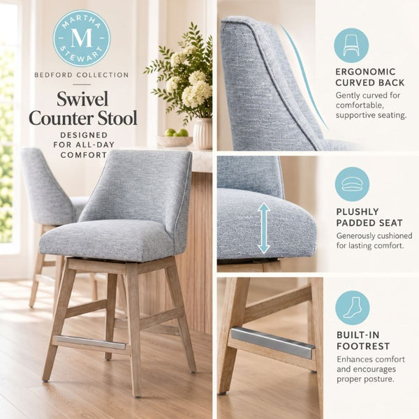 JLA Home Winfield Swivel Counter Stool Upholstered Farmhouse Seat with Distressed Wood Base Light Blue MT104-0203