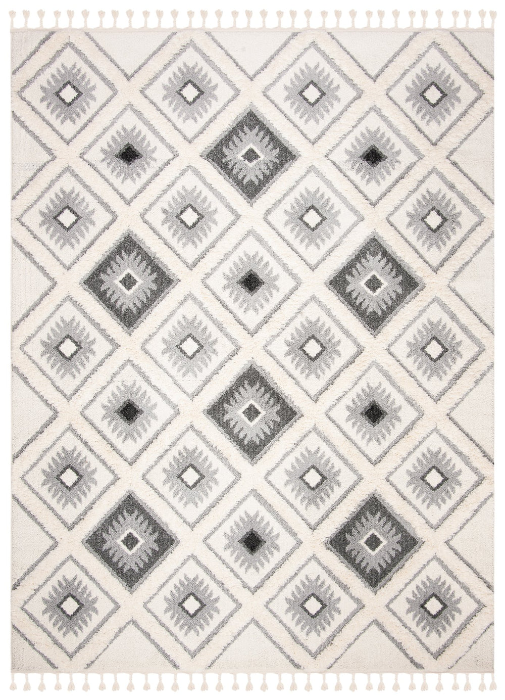 Safavieh Moroccan Tassel Shag Area Rug: Luxurious Geometric Design With Plush Comfort For Any Space Ivory ,Grey Polypropylene Pile Mts601f-4