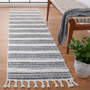 Safavieh Moroccan Tassel Shag Area Rug - Luxurious Softness With Elegant Grey Stripes For Cozy Living Spaces Grey ,Ivory Polypropylene Pile Mts620f-4