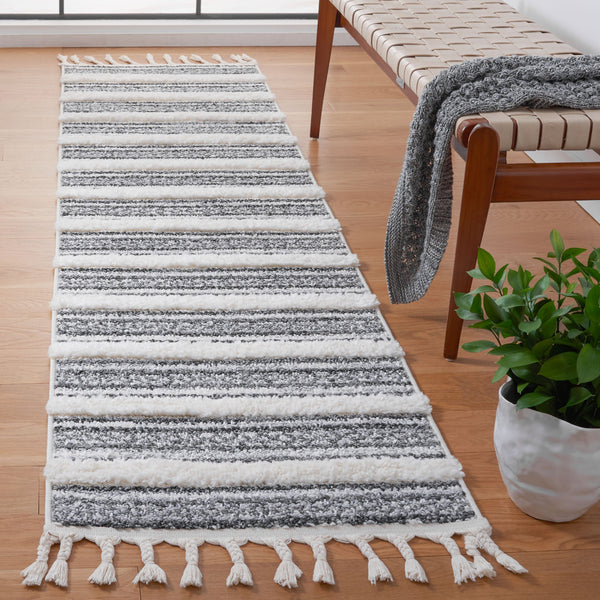 Safavieh Moroccan Tassel Shag Area Rug - Luxurious Softness With Elegant Grey Stripes For Cozy Living Spaces Grey ,Ivory Polypropylene Pile Mts620f-4