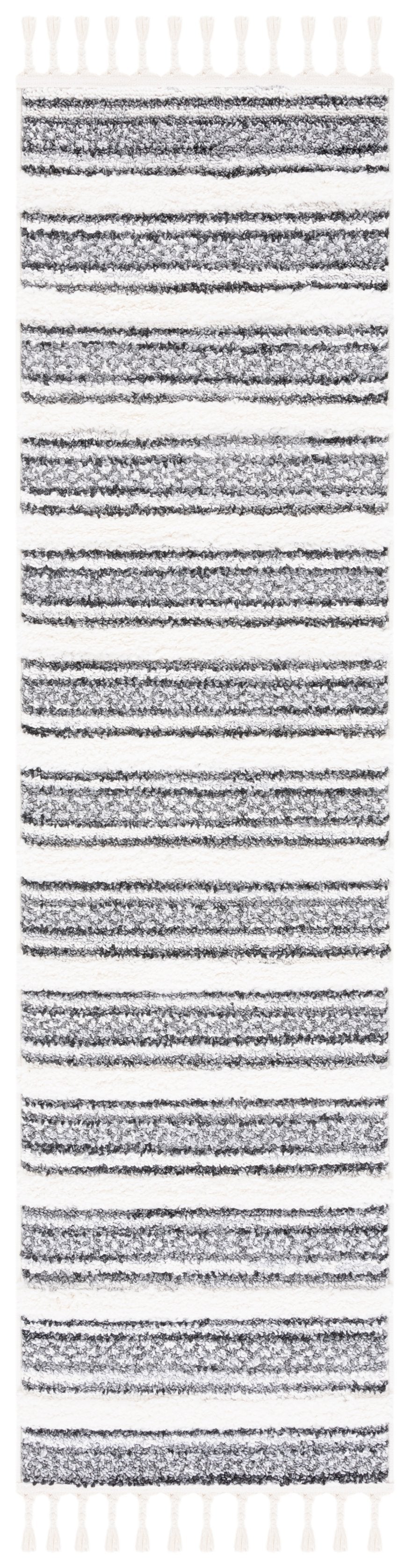 Safavieh Moroccan Tassel Shag Area Rug - Luxurious Softness With Elegant Grey Stripes For Cozy Living Spaces Grey ,Ivory Polypropylene Pile Mts620f-4