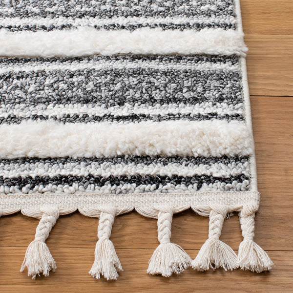 Safavieh Moroccan Tassel Shag Area Rug - Luxurious Softness With Elegant Grey Stripes For Cozy Living Spaces Grey ,Ivory Polypropylene Pile Mts620f-4