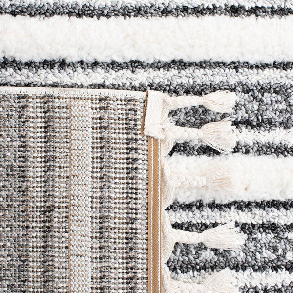 Safavieh Moroccan Tassel Shag Area Rug - Luxurious Softness With Elegant Grey Stripes For Cozy Living Spaces Grey ,Ivory Polypropylene Pile Mts620f-4