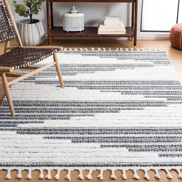 Safavieh Moroccan Tassel Shag Area Rug - Luxurious Softness And Artistic Design Crafted In Turkey For Elegance Dark Grey ,Ivory Polypropylene Pile Mts622f-7r